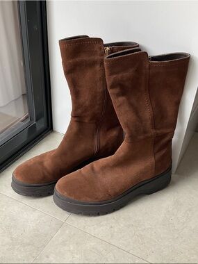 Aquatalia Brown Suede Mid-Calf Heeled Boots